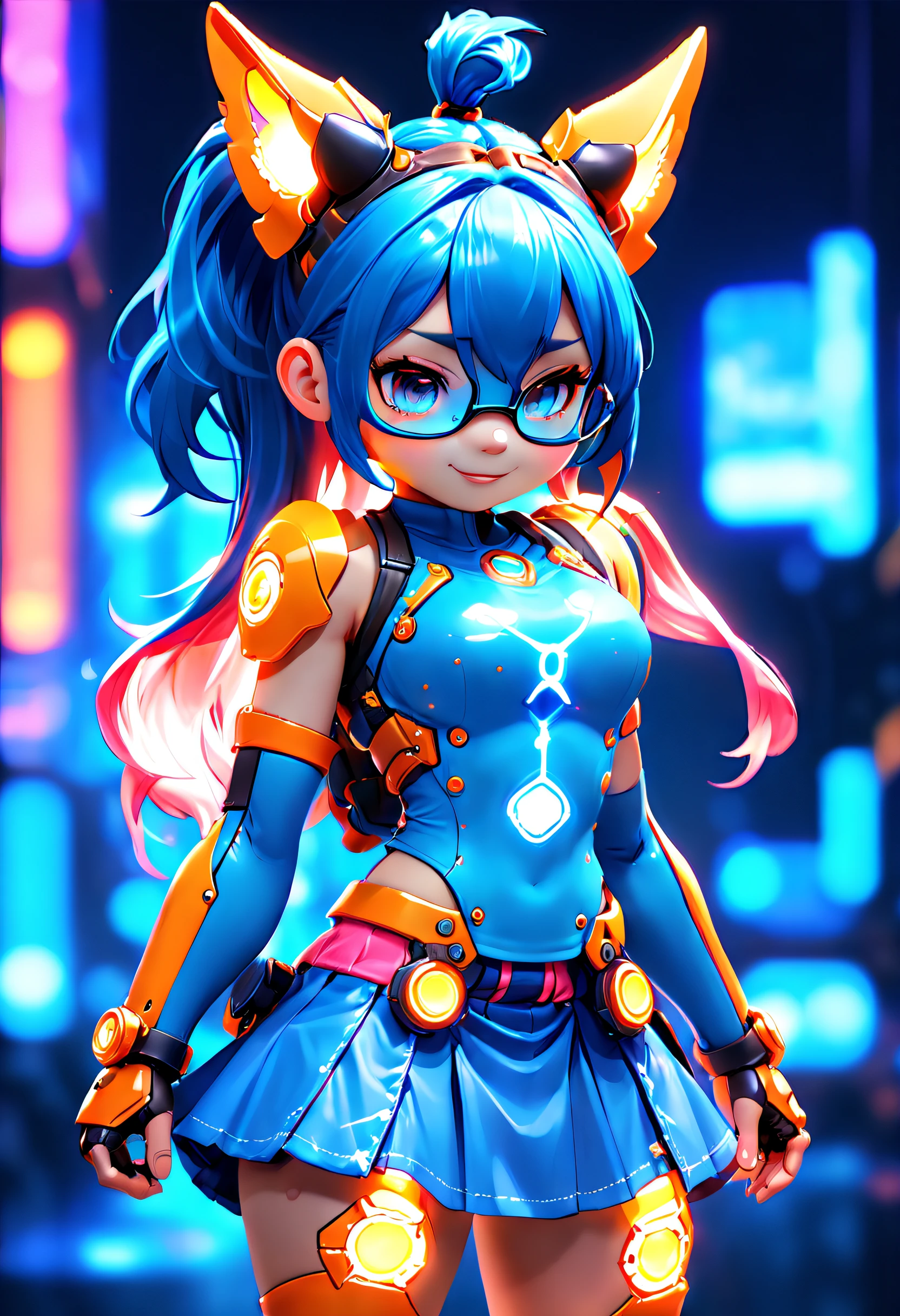 Jinx1024, Game character design，3D character rendering，(((Vector illustration style)))，League of Legends Jinx，((1girl，(Blue double ponytail: 1.5)，Blue braids，Red eyes，big laughter，future warrior，(Pink mechanical skirt: 1.3)，(A luminous magazine is tied around the waist: 1.2)，Decorated with luminous lines and rivets，With streamer effect or LED light embellishment，Hand holding laser cannon、Ion cannon or pulse cannon))，((hair design：Brilliant deep blue，Add some glowing elements，Futuristic headgear such as orange photoelectric glasses or head-mounted display))，((Expression design：Add some glowing lines or orange LED light effects to the facial decoration，Design different facial expressions，Highlight the image of future warriors))，(action design：On the move、When releasing a skill or attacking，Add some special effects and animations，Highlight the sense of future and combat)，((Special effects design：Add cool orange light effects、Electromagnetic wave effect or virtual interface，Enhance the visual impact of skin)), (((standing on your feet，Metal heels: 1.8, Glowing lines or orange LED light effect))), (full body shot of: 1.5)，jinx (league of legends)，((starryskybackground，simplebackground)), MECHA-WINGS, art by mooncryptowow, (pov, first-person view, Ghibli-like colours, Luminism, cinematic lighting, UHD, masterpiece, ccurate, anatomically correct, textured skin, super detail, high details, high quality, award winning, best quality, 16k), Pop Mart blind box, 3Drenderingof，hairy pubic