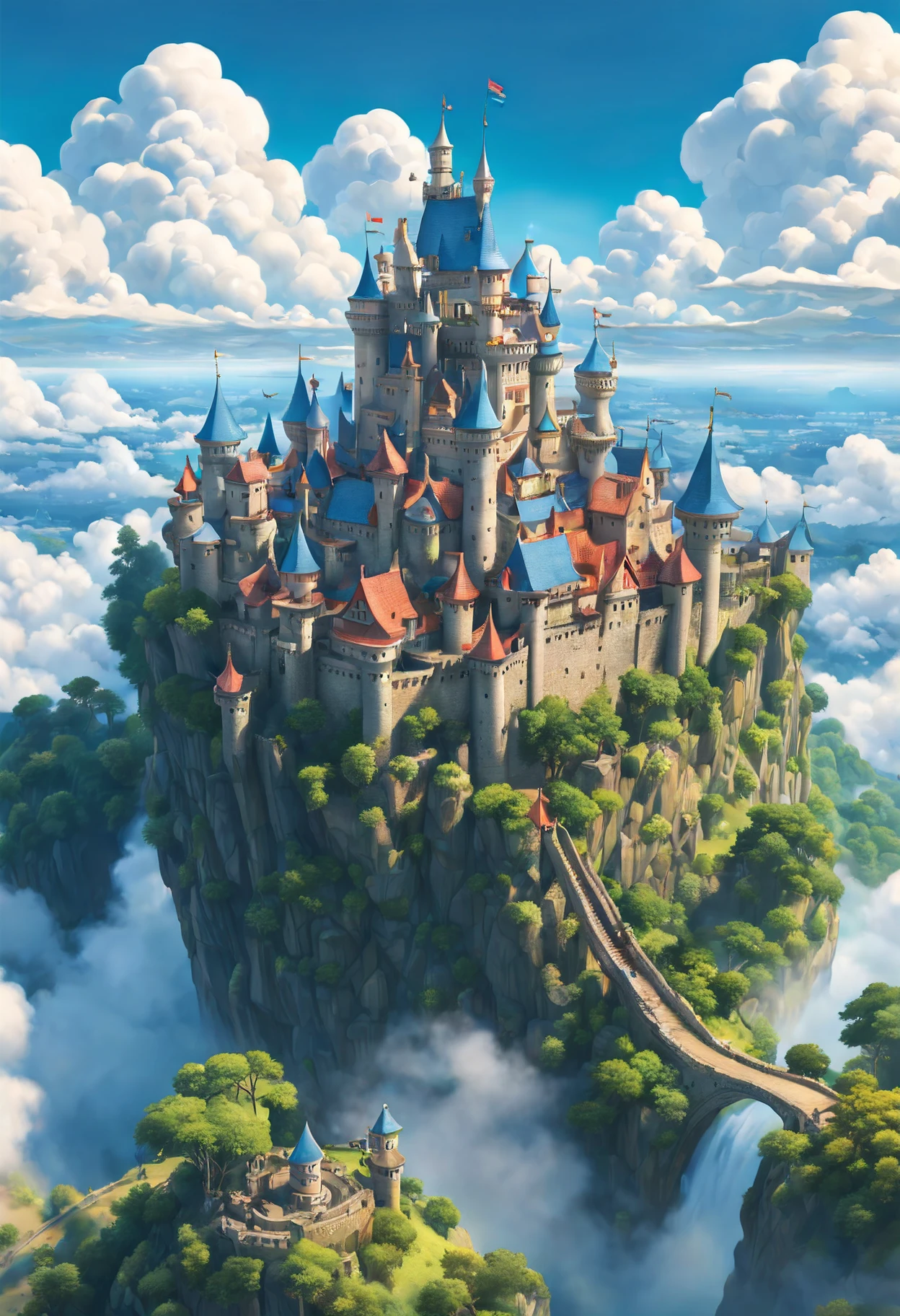 A fusion of Hayao Miyazaki and Studio Ghibli's art style, [castle|sky fortress], soaring amidst the clouds, splendid view of an (animated kingdom in the sky:1.5), as seen through the lens of a (drone:1.2), captured in vivid, panoramic 8K, painted with whimsical colors, set in a (sunlit afternoon), featuring meticulous details of the castle architecture, capturing the essence of a dreamlikeart and mdjrny-v4 style, nostalgic lighting setting a vintage charm, highlighted by a [(Steven Spielberg:1.2) inspired cinematic magic], intricate detailing reminiscent of Claude Monet and Vincent van Gogh's style, a fairytale come alive in a (telephoto lens) shot
