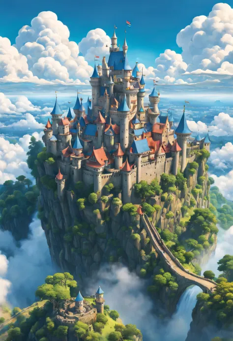 A fusion of Hayao Miyazaki and Studio Ghibli's art style, [castle|sky fortress], soaring amidst the clouds, splendid view of an ...