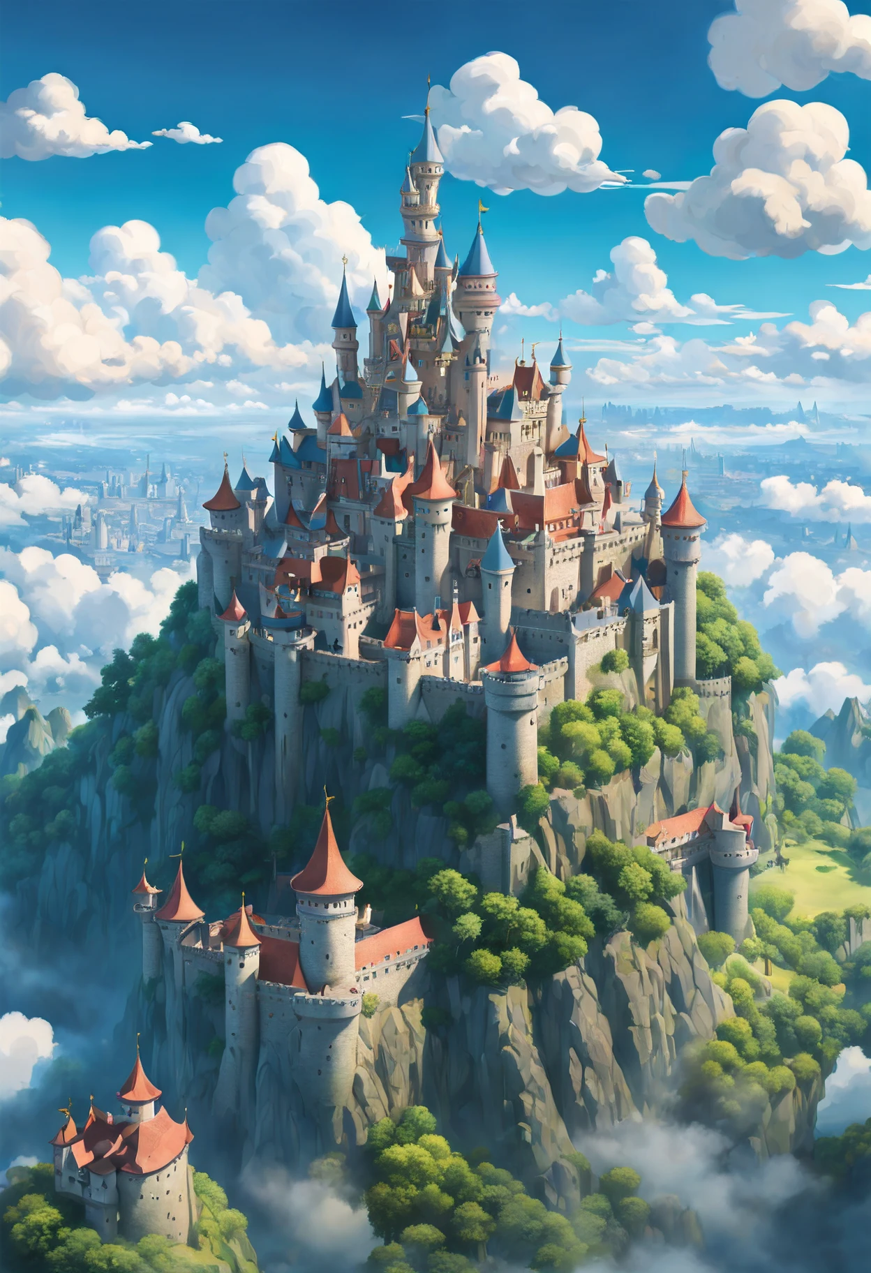 A fusion of Hayao Miyazaki and Studio Ghibli's art style, [castle|sky fortress], soaring amidst the clouds, splendid view of an (animated kingdom in the sky:1.5), as seen through the lens of a (drone:1.2), captured in vivid, panoramic 8K, painted with whimsical colors, set in a (sunlit afternoon), featuring meticulous details of the castle architecture, capturing the essence of a dreamlikeart and mdjrny-v4 style, nostalgic lighting setting a vintage charm, highlighted by a [(Steven Spielberg:1.2) inspired cinematic magic], intricate detailing reminiscent of Claude Monet and Vincent van Gogh's style, a fairytale come alive in a (telephoto lens) shot