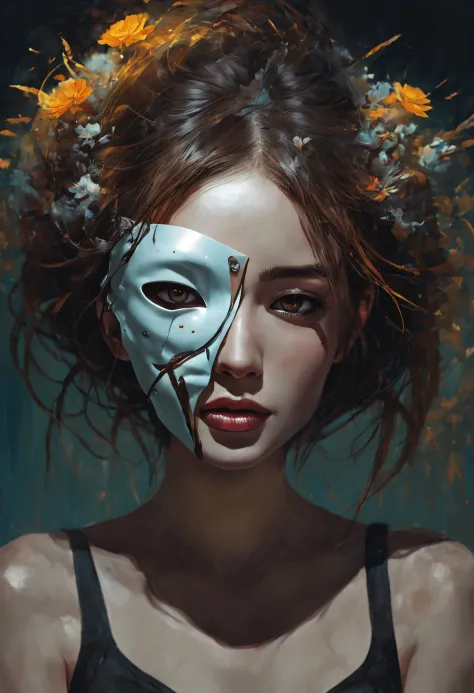 surrealist artwork、Design highly polished digital artwork。, futuristic femme fatale、(Girl hiding half her face with a mask:1.4)、...