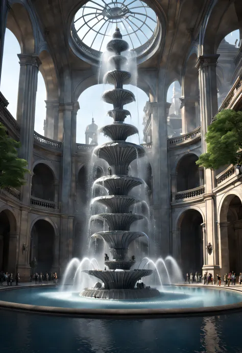 Sci-fi, (suspended giant fountain), lots of water, intricate details,
background: gray science and technology sense building,ext...