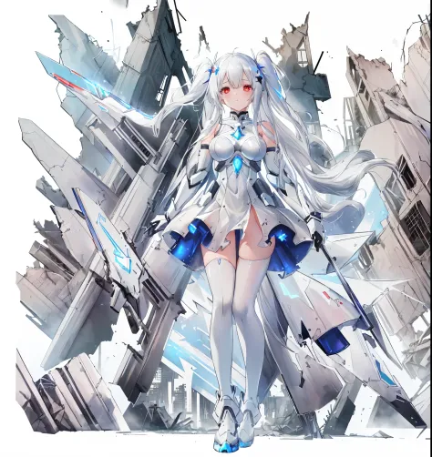 girl with long white hair and white dress, !teens girl,, in white futuristic armor, White Mecha, white haired god, azur lane style, sliver ice color reflected armor,, cyborg - girl with silver hair, glossy white armor、Cinderella/(Nike, Goddess of Victory)/...