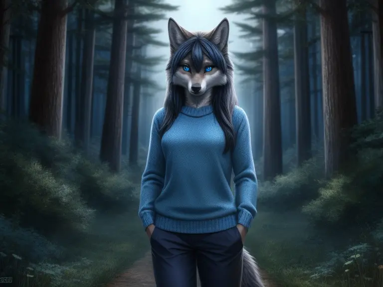 1girl, female wolf, Masterpiece, best quality, furry, anthropomorphic, Blue Eyes, best eyes, pretty female, with blue sweater an...