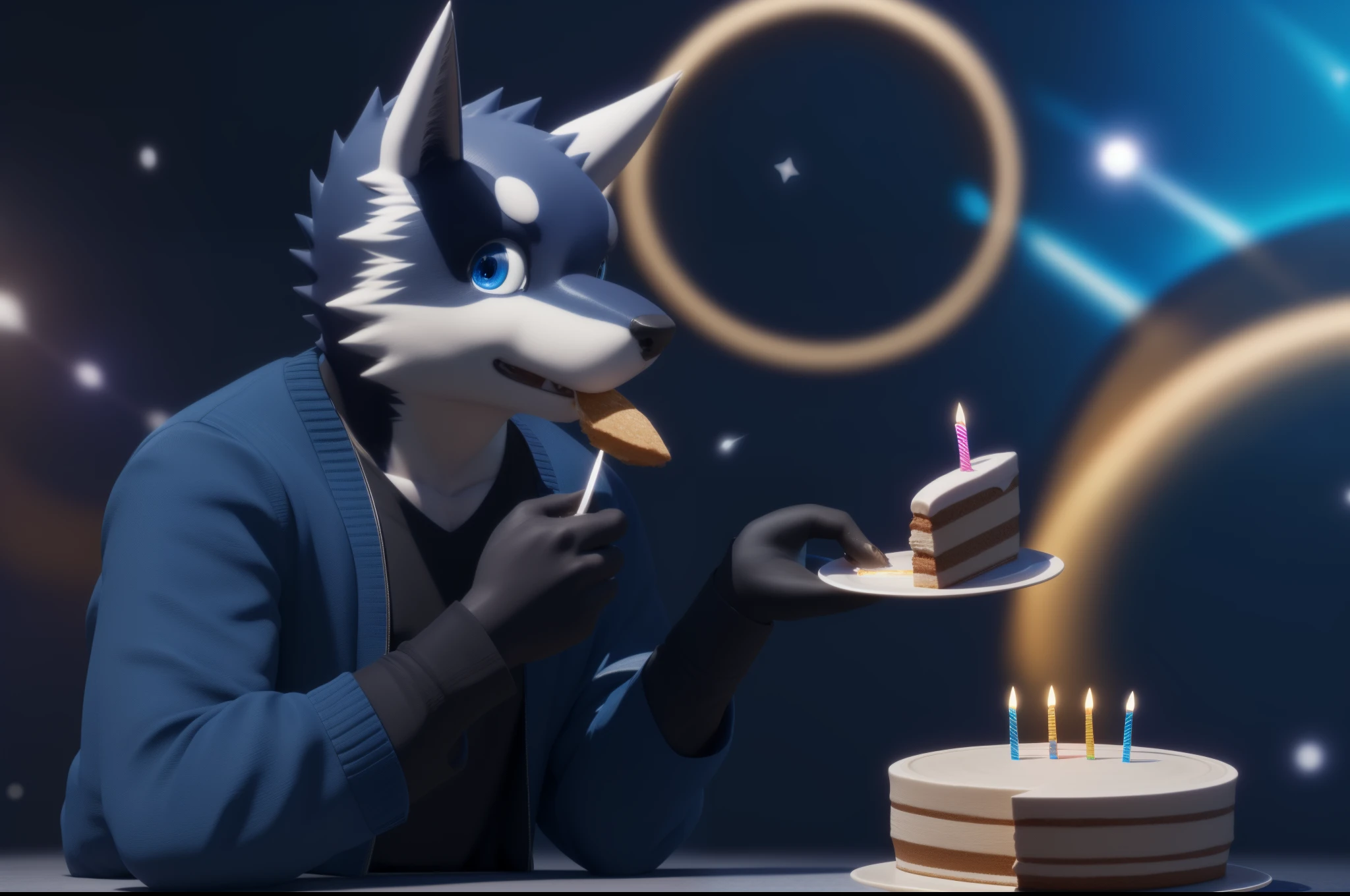 Kuugo schaut den Betrachter an, während er ein Stück Geburtstagstorte isst, trägt eine blaue Jacke und ein schwarzes Hemd, blaue Augen, ein sehr schöner realistischer Hintergrund mit Sternschnuppen, ultrarealistische digitale Kunst in 3D, Full HD, superhohe Auflösung