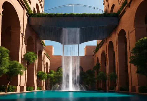 sci-fy, (giant hanging fountain), lots of water, complicated details,
background with: minimalist architecture with a sense of t...