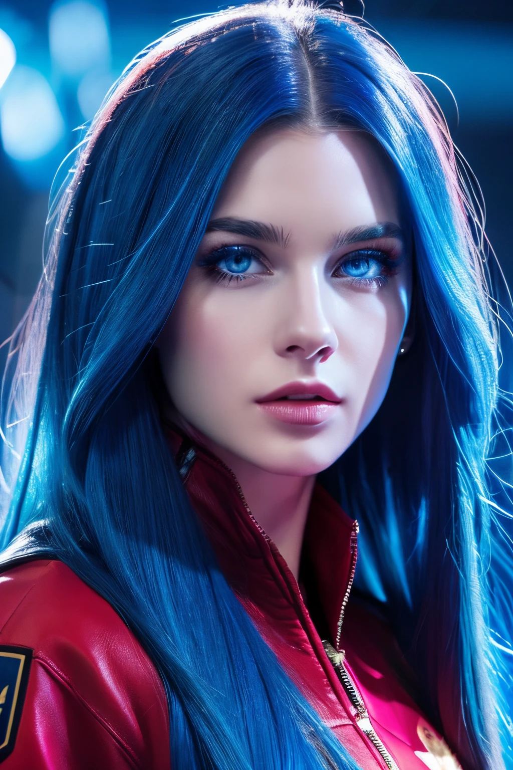 Real Women、Face Barbara Palvin、Blue hair、Blue eyes、Longhaire、Red jacket、World of Cyberpunk、