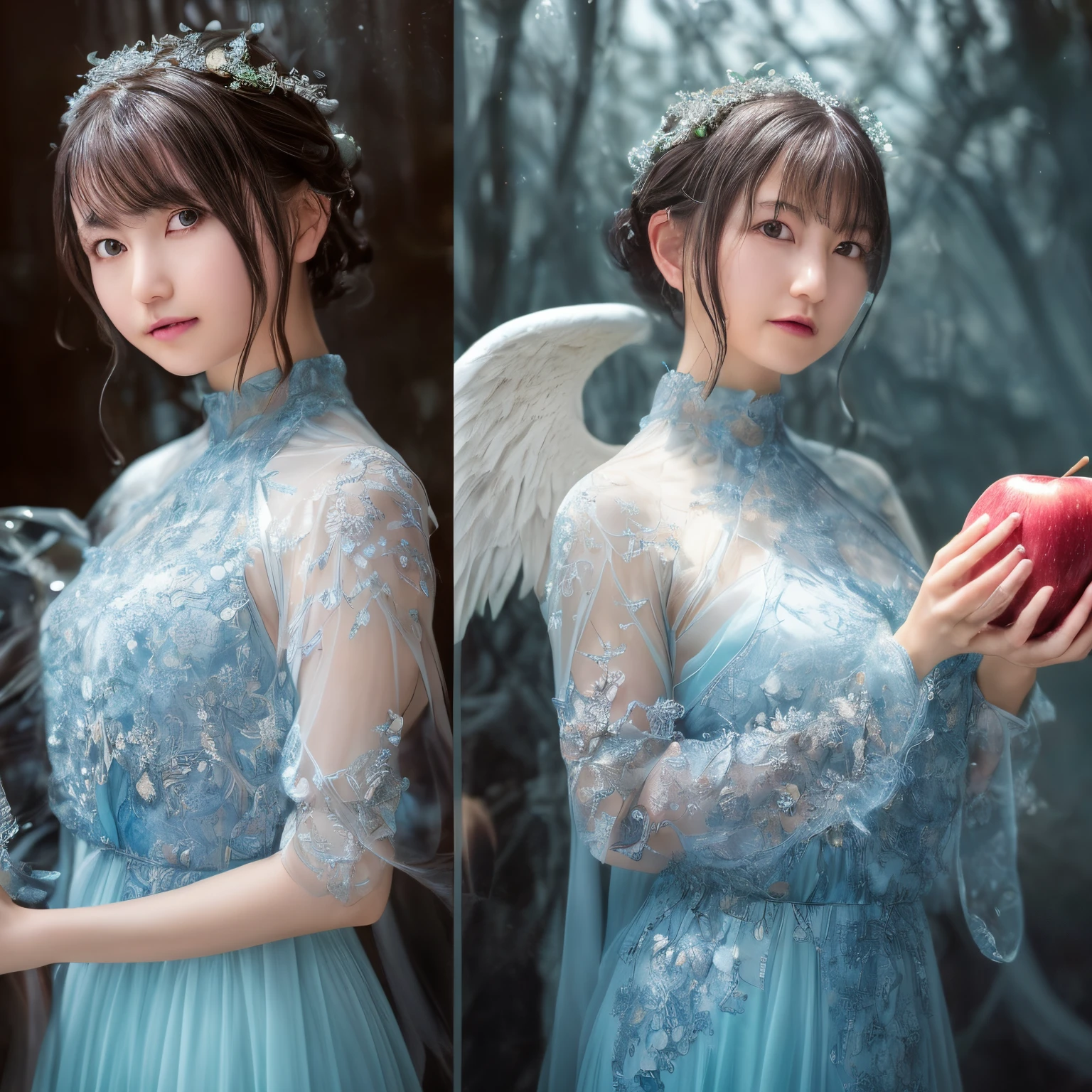 /Imagine a photorealistic, 8K, Shinkai Makoto style. Beautiful Angel.anatomically perfect body, perfect face with a smile. She is wearing a light silk summer light blue dress. Lovely double exposure image blending stormy sea and glass apples. The sea must serve as an underlying background, Its details are subtly incorporated into the glossy glass Apple, Sharp Focus, double exposure, Glossy Glass Apple, (Translucent glass statue of an apple) (Inner Sea) lifeless, decedent, Glass Apple, earthy colors, decadence, intricate designs, Hyper realistic, High Definition, Extremely detailed, Dark softbox image, 光线追踪, Cinematic, nffsw, Photorealistic (double exposure:1.1)