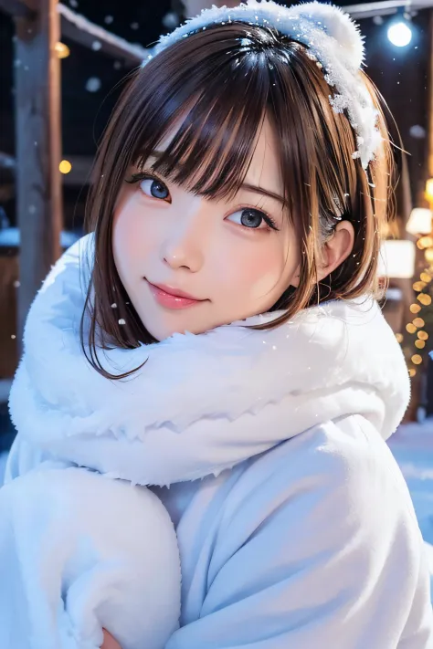 ((snow hair ornament))、snow forest girl,Medium bob hair.brown haired,Beautiful detailed eyes,Beautiful detailed lips,extremely d...