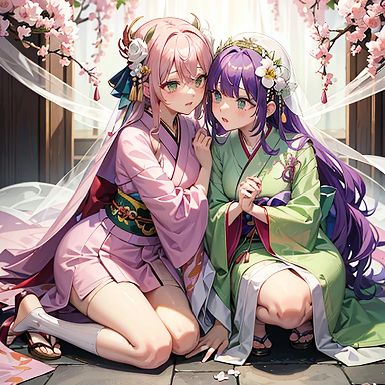 older sister（Pink hair、green colored eyes、Kimono with white、thigh、white flower hair ornament、Green Veil）and sister（Purple hair long、Pink hair ornament、Kimono with white、green veil、thigh、）hug each other on their knees、Crying