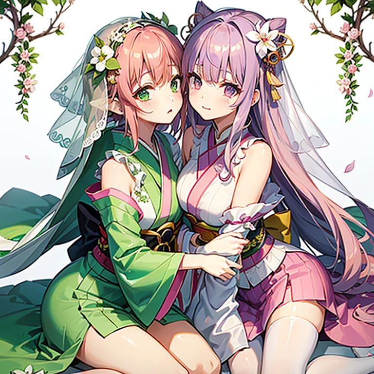 older sister（Pink hair、green colored eyes、Kimono with white、thigh、white flower hair ornament、Green Veil）and sister（Purple hair long、Pink hair ornament、Kimono with white、green veil、thigh、）hug each other on their knees、Crying