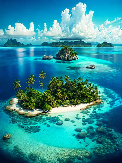 arafed island with palm trees and a sandy beach, tropical island, epic matte painting of an island, island in a blue sea, an isl...