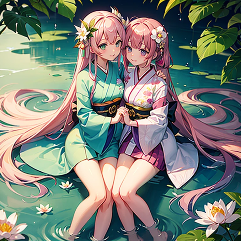 older sister（Pink hair、green colored eyes、Kimono with white、thigh、White flower hair ornament、green vale）and sister（long purple hair、Pink hair ornament、Kimono with white、green vale、thigh、）hug each other on their knees、Crying、above the puddle（both of us are wet）、lotus flower blooms、natta、saddened、Holding hands