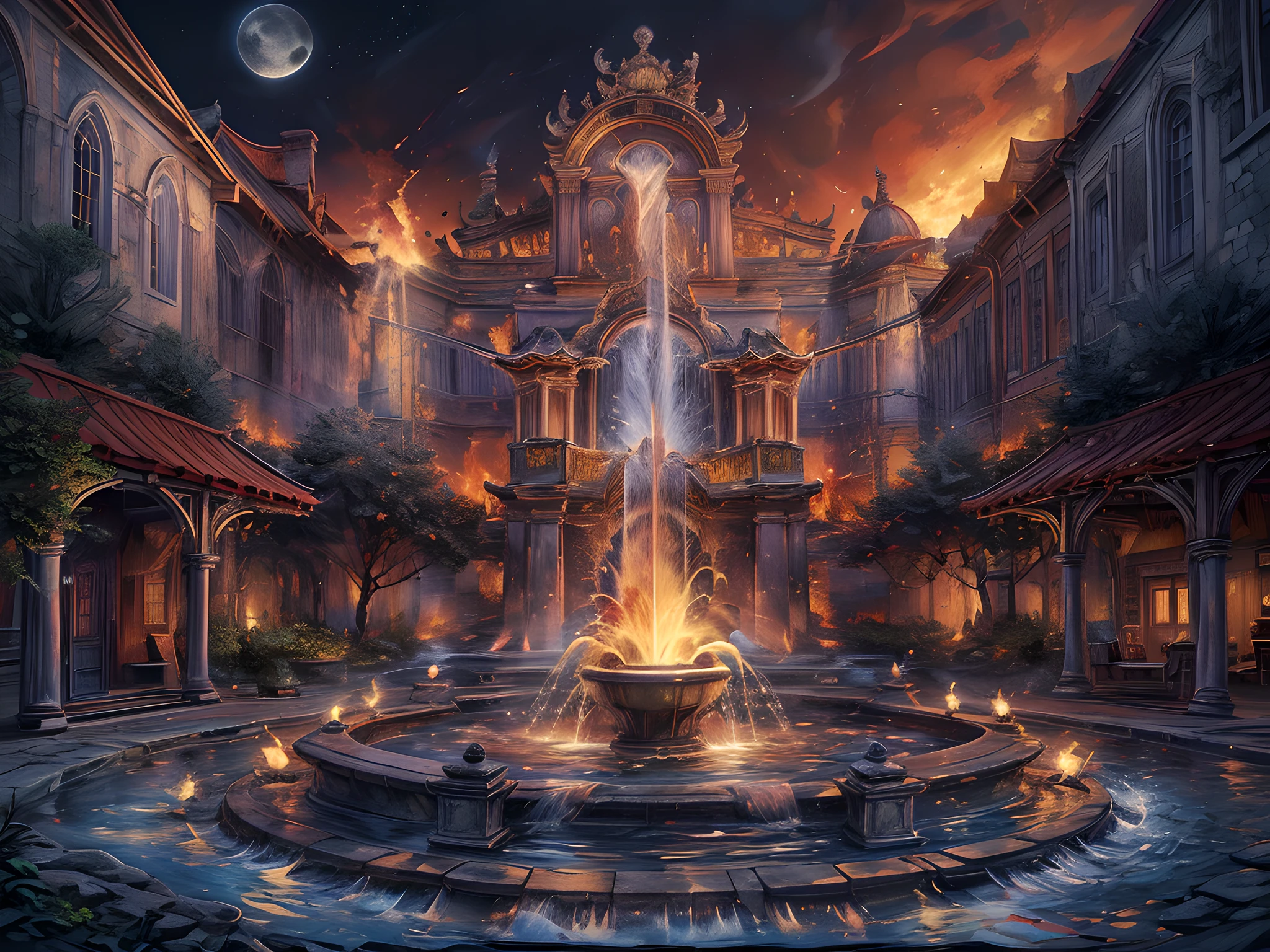 art fantastique, Art du RPG, il y a une magie de taille épique (Fontaine d&#39;eau: 1.3) sur la place d&#39;une ville elfique, il a des runes magiques gl0w1ngR dans le bassin de la fontaine, de nombreux ruisseaux d&#39;eau entrelacés dans (feu: 1.2), intéresser, the feu is combined with the water streams, c&#39;est la nuit, la lune se lève, photoréaliste, 16k, brut, primé, (le mieux détaillé: 1.5), chef-d&#39;œuvre, meilleure qualité, (ultra détaillé), Tout le corps, plan ultra large