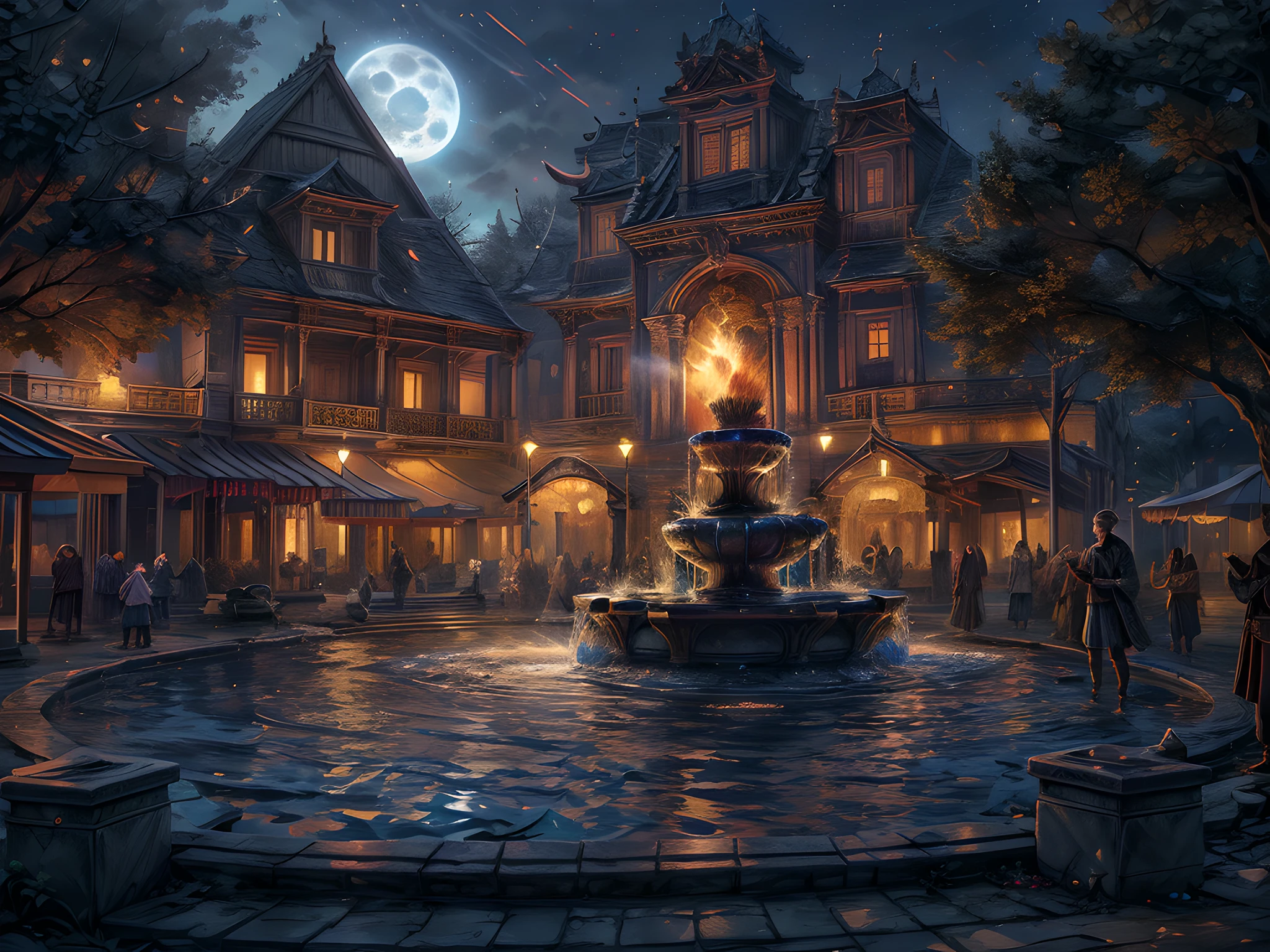 Fantasy art, RPG art, there is an epic sized magical (water fountain: 1.3) in an elven city town square, it has magical runes gl0w1ngR in the basin of the fountain, many rivulets of water entwined in (fire: 1.2), faize, the fire is combined with the water streams, its night time, moon is rising, photorealistic, 16k, RAW, award winning, (best detailed: 1.5), masterpiece, best quality, (ultra detailed), full body, ultra wide shot