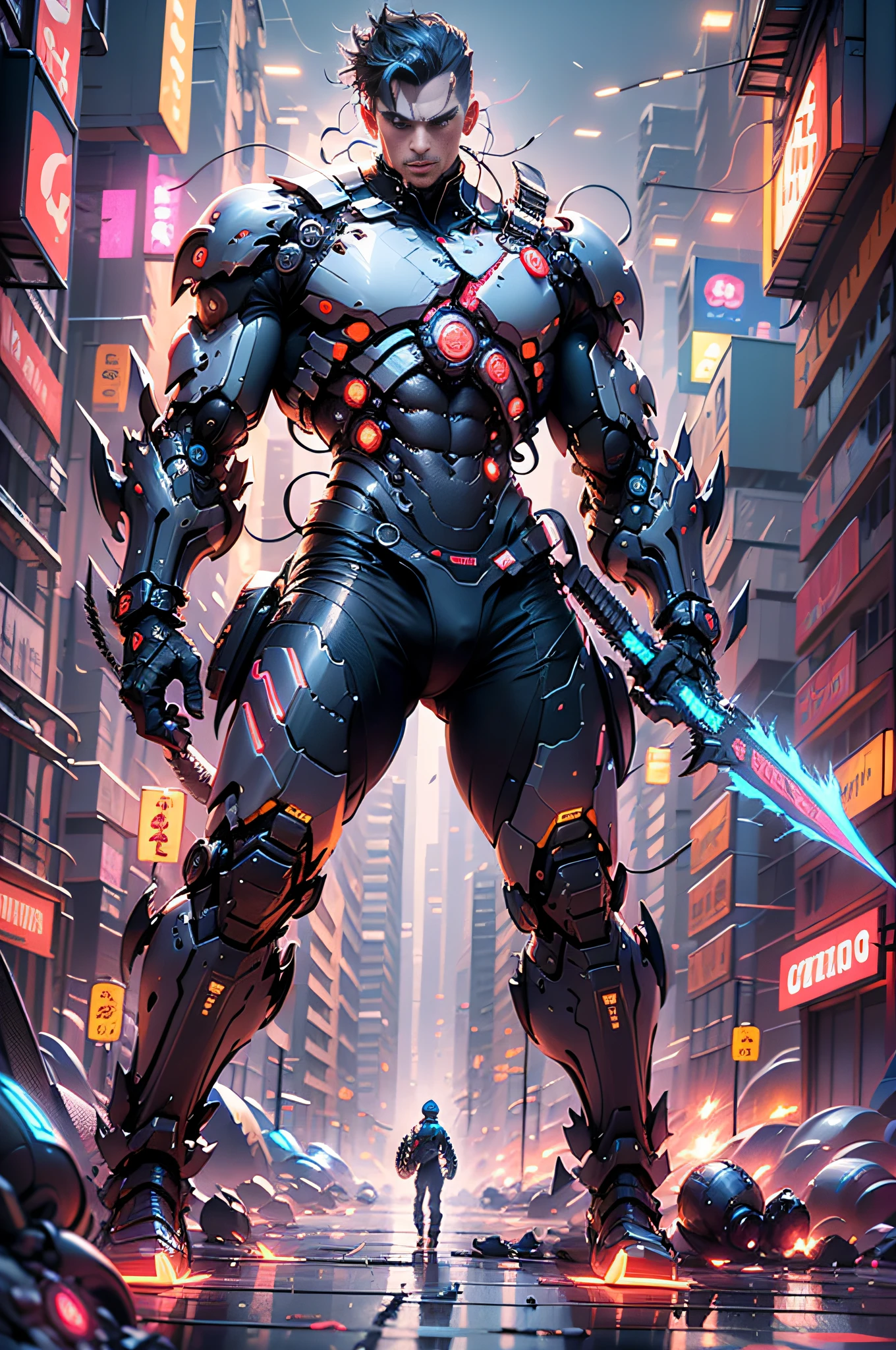 The determination of the fighter. Generate cyberpunk-style images, Buildings，Strong male warrior standing tall in neon lit cityscape. Armed with high-tech weapons，Future technology，He embodies honor and integrity, Get ready to fight for the truth. The image should reflect his determination in fitting，blasts，Escape from people in distress