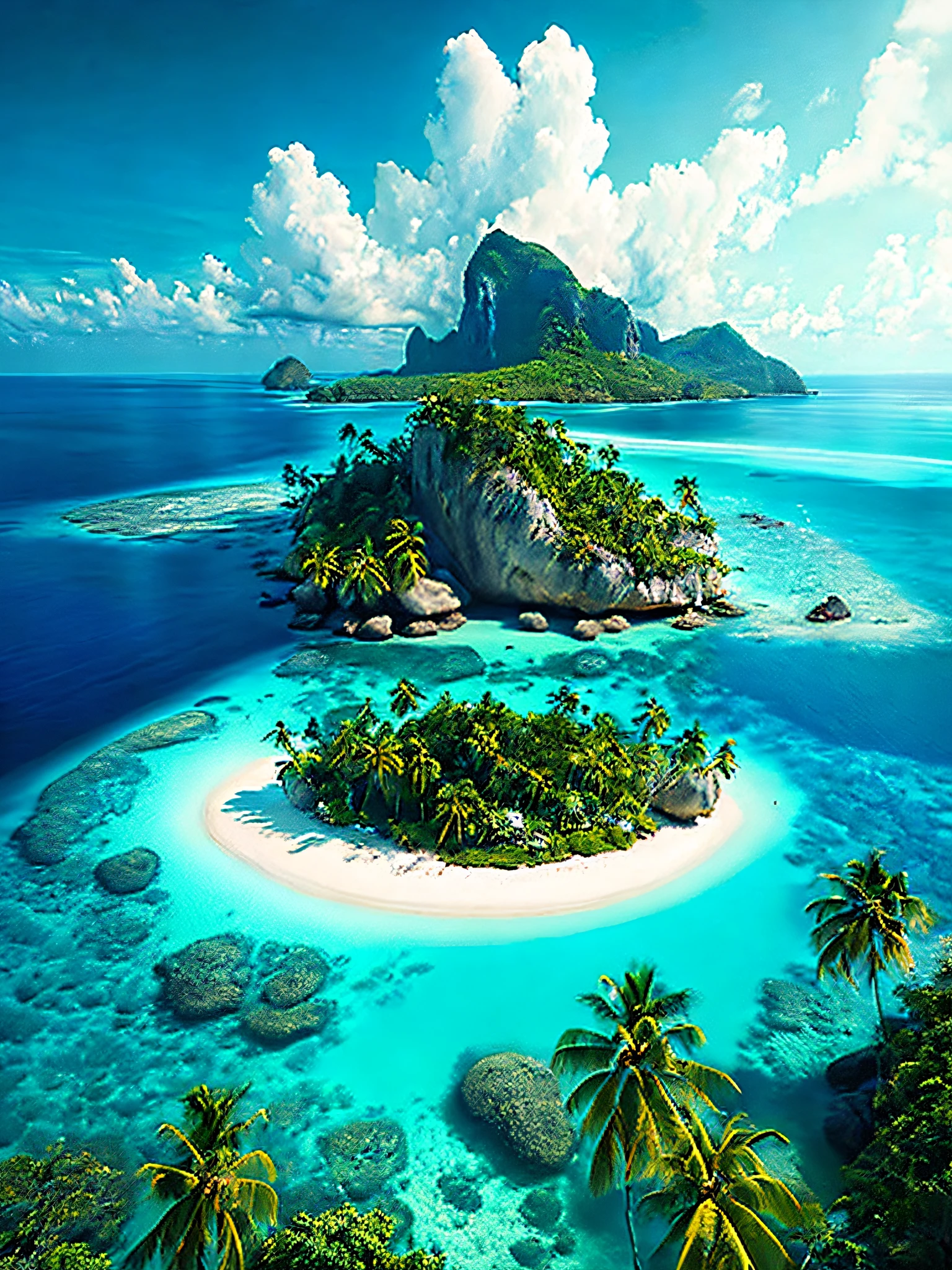 arafed island with palm trees and a sandy beach, tropical island, epic matte painting of an island, island in a blue sea, an island floating in the air, an island, island landscape, island floating in the sky, island background, monsoon on tropical island, island in the background, floating island, tropical location, island, island with cave, many islands, no humans, tree, cloud, sky, outdoors, scenery, day, palm tree, ocean, water, beach, blue sky, horizon, cloudy sky, nature, sand