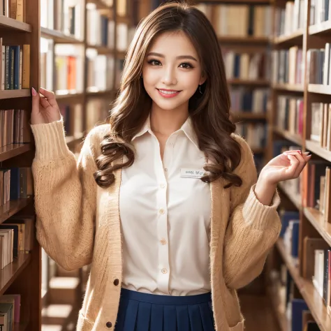 ((top-quality、masutepiece、8K、Top image quality))、Highly saturated、1 schoolgirl、((Light brown cardigan、Uniform Shirt、Ribbon on the chest、navy pleats skirt))、The happiest smile、View me、waved hair、Being in the library、Stand next to a bookshelf、Bookshelf in ba...