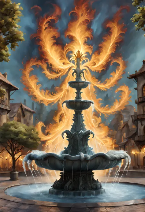 fantasy art, rpg art, there is an epic sized magical (water fountain: 1.3) in an elven city town square, it has magical runes gl...