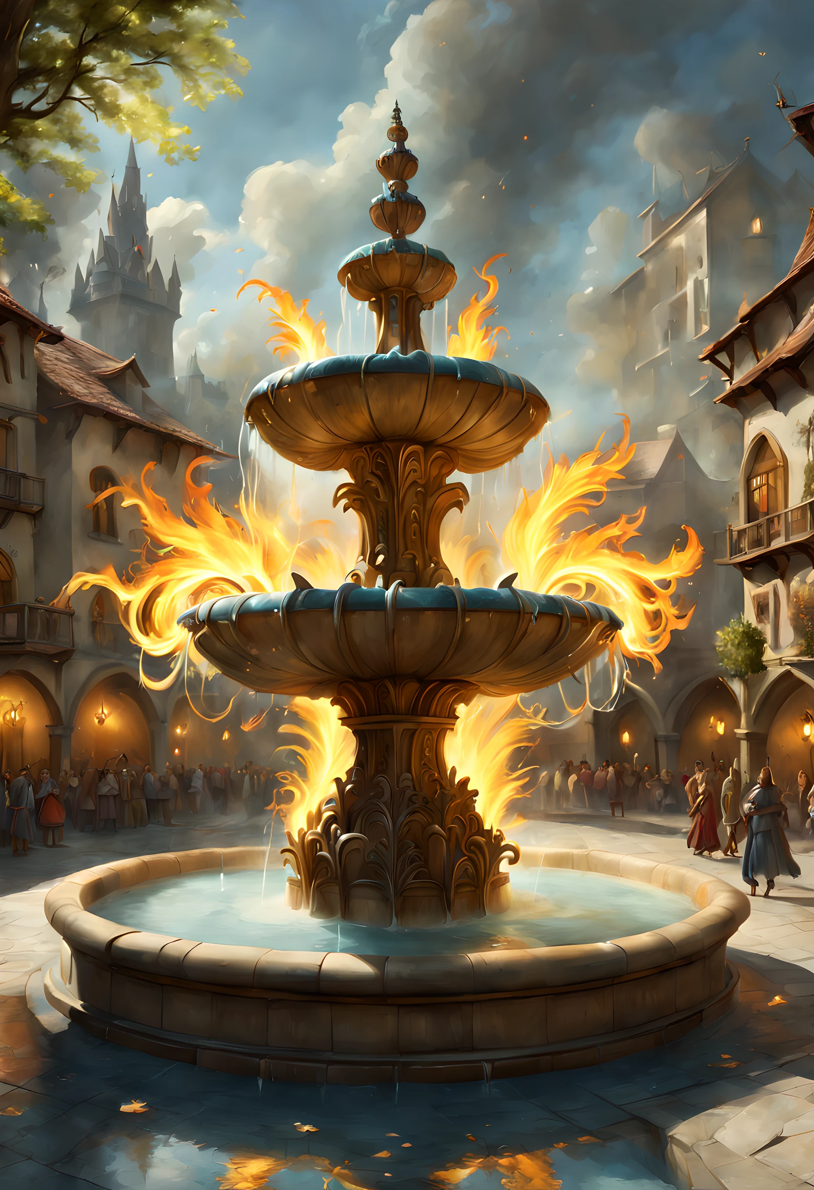 art fantastique, Art du RPG, il y a une magie de taille épique (Fontaine d&#39;eau: 1.3) sur la place d&#39;une ville elfique, il a des runes magiques gl0w1ngR dans le bassin de la fontaine, de nombreux ruisseaux d&#39;eau entrelacés dans (feu: 1.2), intéresser, the feu is combined with the water streams, c&#39;est la nuit, la lune se lève, Photoréaliste, 16k, BRUT, primé, (le mieux détaillé: 1.5), chef-d&#39;œuvre, Meilleure qualité, (ultra détaillé), tout le corps, plan ultra large, fractale abstraite