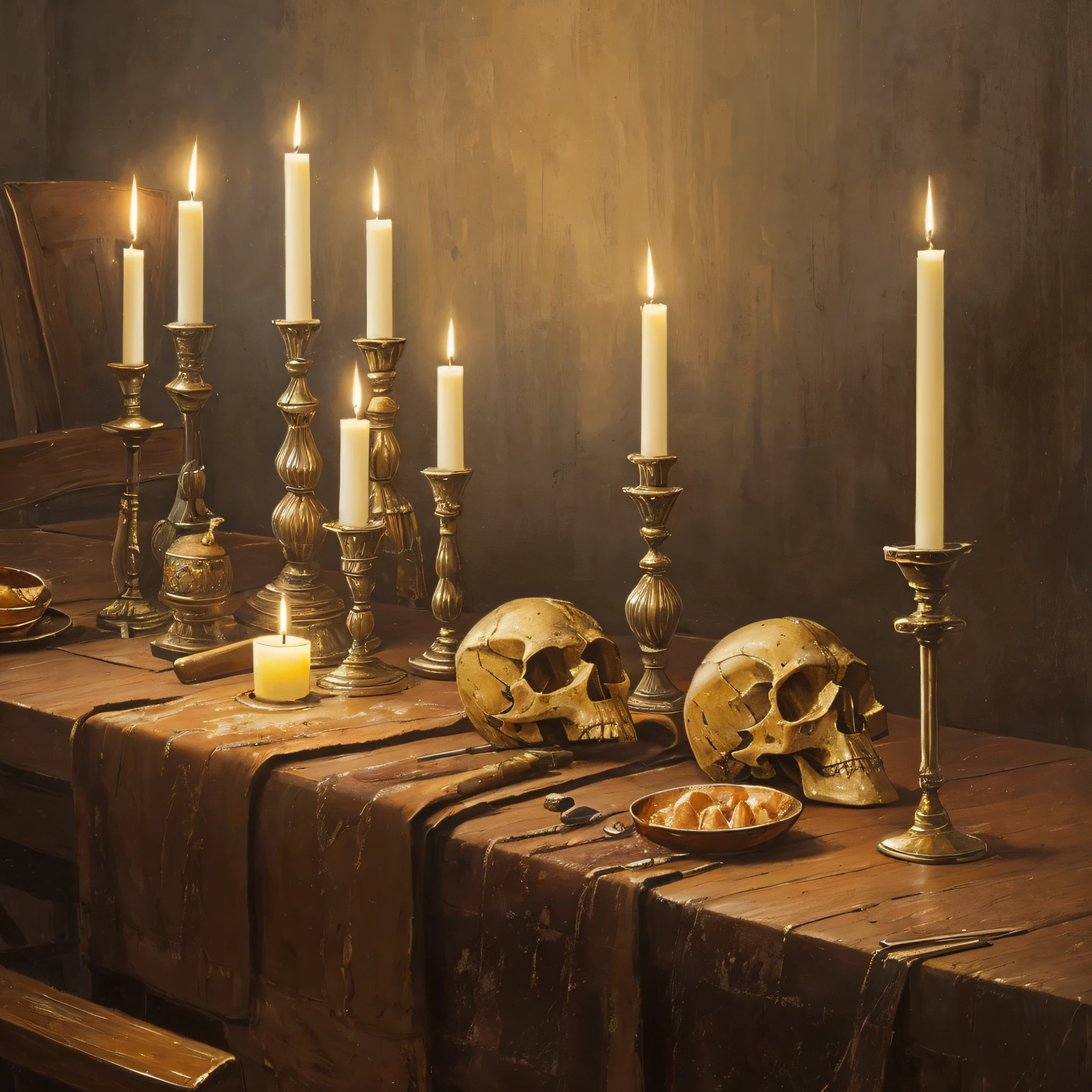 masterpiece, high quality, highly detailed, Oil painted by Harmen Steenwijck, a broken long sword in viking era, an ancient weathered rotten skull on the table, candle,