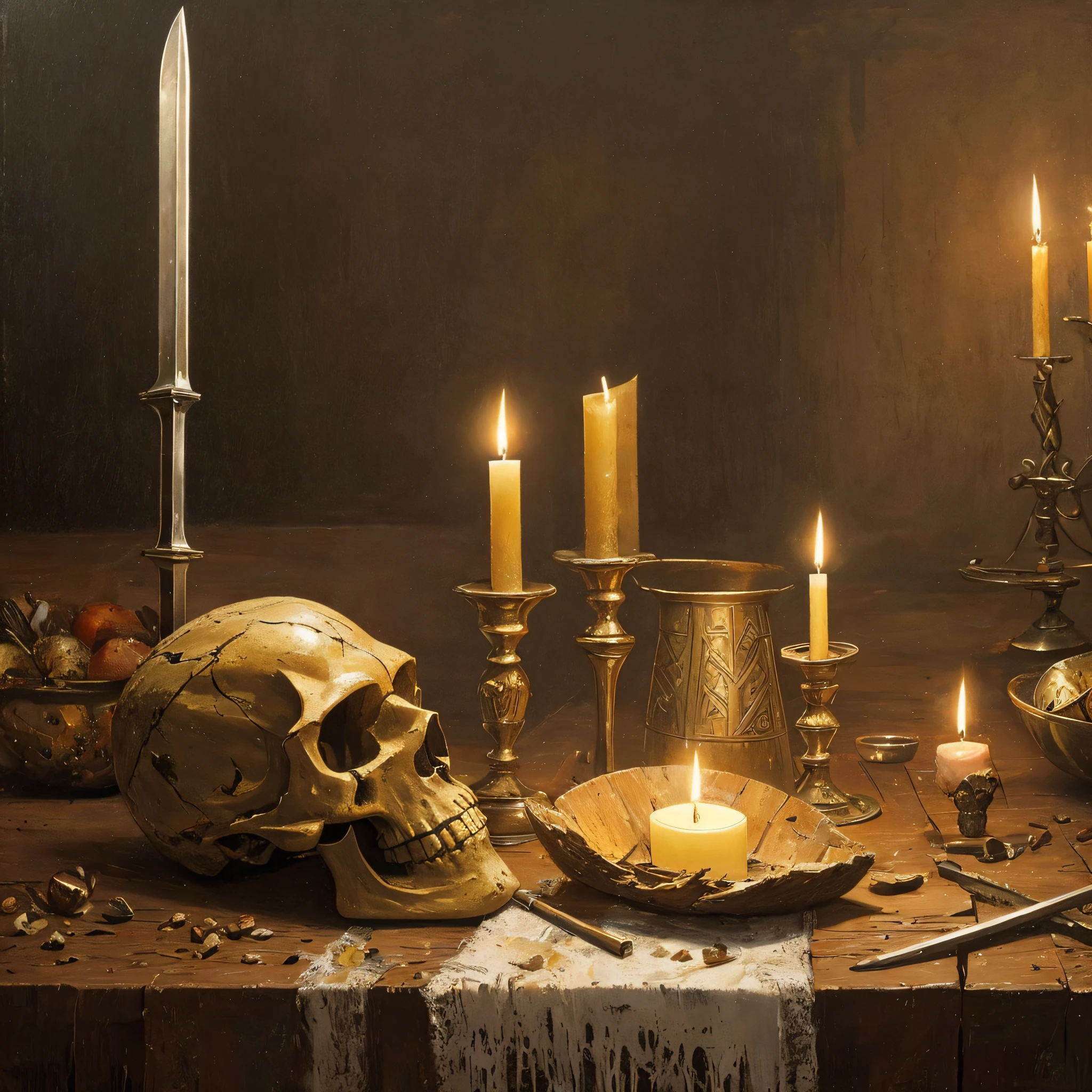 masterpiece, high quality, highly detailed, Oil painted by Harmen Steenwijck, a broken long sword in viking era, an ancient weathered rotten skull on the table, candle,