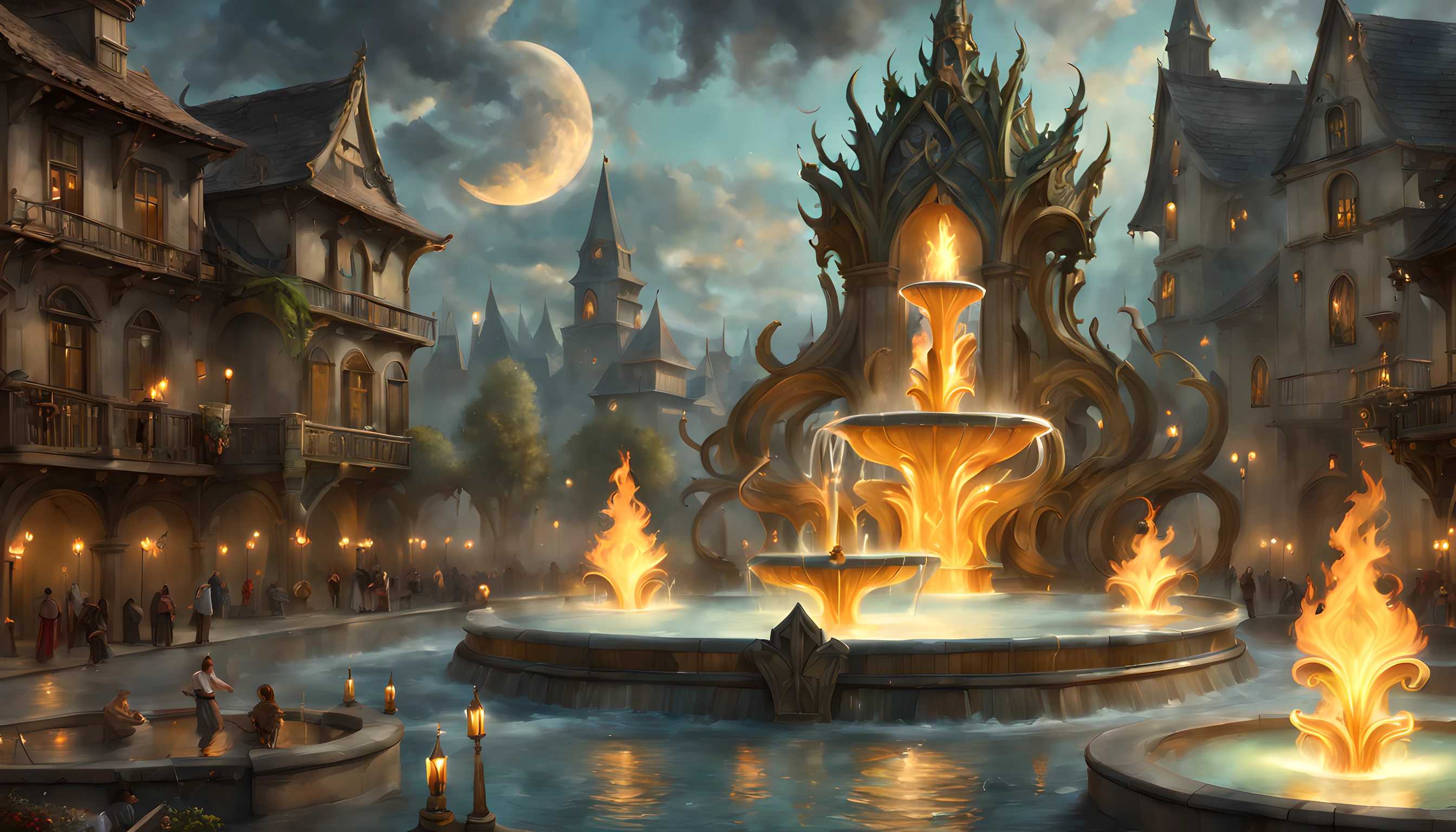 art fantastique, Art du RPG, il y a une magie de taille épique (Fontaine d&#39;eau: 1.3) sur la place d&#39;une ville elfique, il a des runes magiques gl0w1ngR dans le bassin de la fontaine, de nombreux ruisseaux d&#39;eau entrelacés dans (feu: 1.2), intéresser, the feu is combined with the water streams, c&#39;est la nuit, la lune se lève, Photoréaliste, 16k, BRUT, primé, (le mieux détaillé: 1.5), chef-d&#39;œuvre, Meilleure qualité, (ultra détaillé), tout le corps, plan ultra large, fractale abstraite