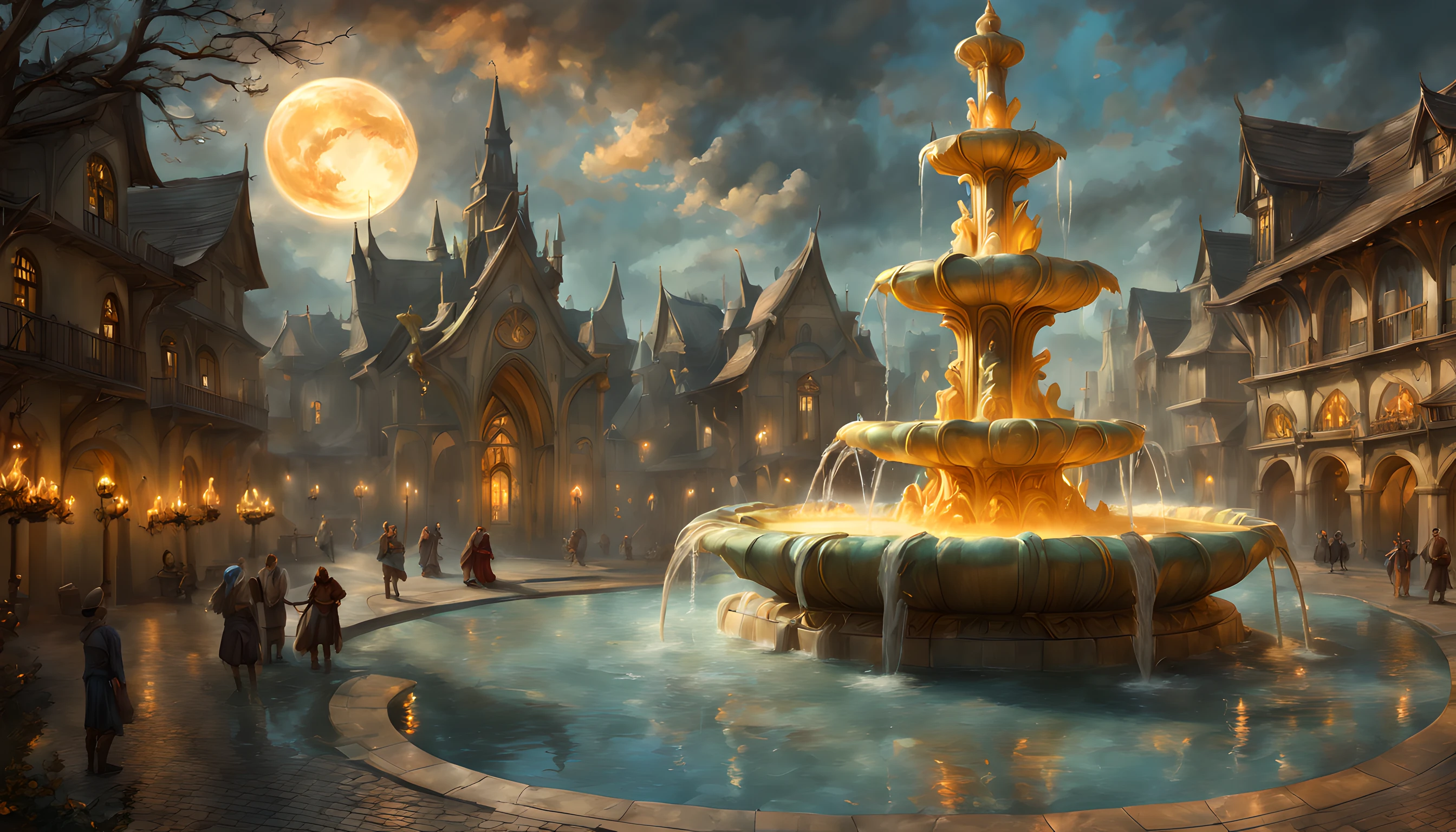 art fantastique, Art du RPG, il y a une magie de taille épique (Fontaine d&#39;eau: 1.3) sur la place d&#39;une ville elfique, il a des runes magiques gl0w1ngR dans le bassin de la fontaine, de nombreux ruisseaux d&#39;eau entrelacés dans (feu: 1.2), intéresser, the feu is combined with the water streams, c&#39;est la nuit, la lune se lève, Photoréaliste, 16k, BRUT, primé, (le mieux détaillé: 1.5), chef-d&#39;œuvre, Meilleure qualité, (ultra détaillé), tout le corps, plan ultra large, fractale abstraite