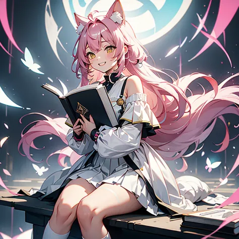 girl with、Pink hair、（short、Rainbow gradient）、Yellow eyes、Attach the cat ear unit to your head、off-the-shoulder white dress（Black...