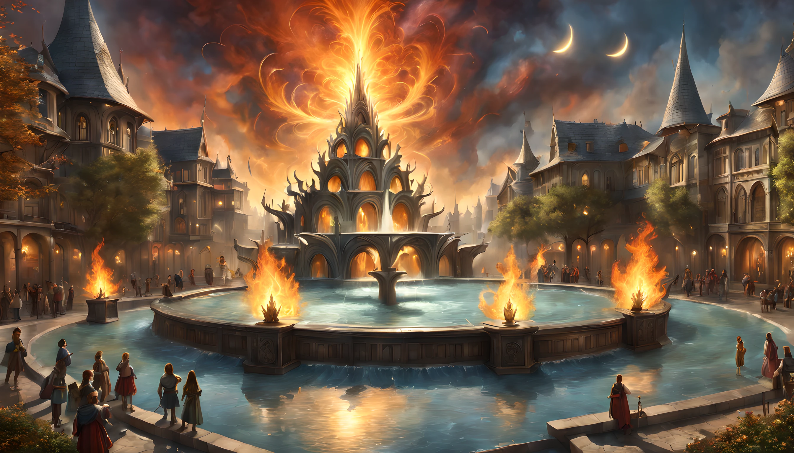 Fantasy art, RPG art, there is an epic sized magical (water fountain: 1.3) in an elven city town square, it has magical runes gl0w1ngR in the basin of the fountain, many rivulets of water entwined in (fire: 1.2), faize, the fire is combined with the water streams, its night time, moon is rising, photorealistic, 16k, RAW, award winning, (best detailed: 1.5), masterpiece, best quality, (ultra detailed), full body, ultra wide shot, abstract fractal