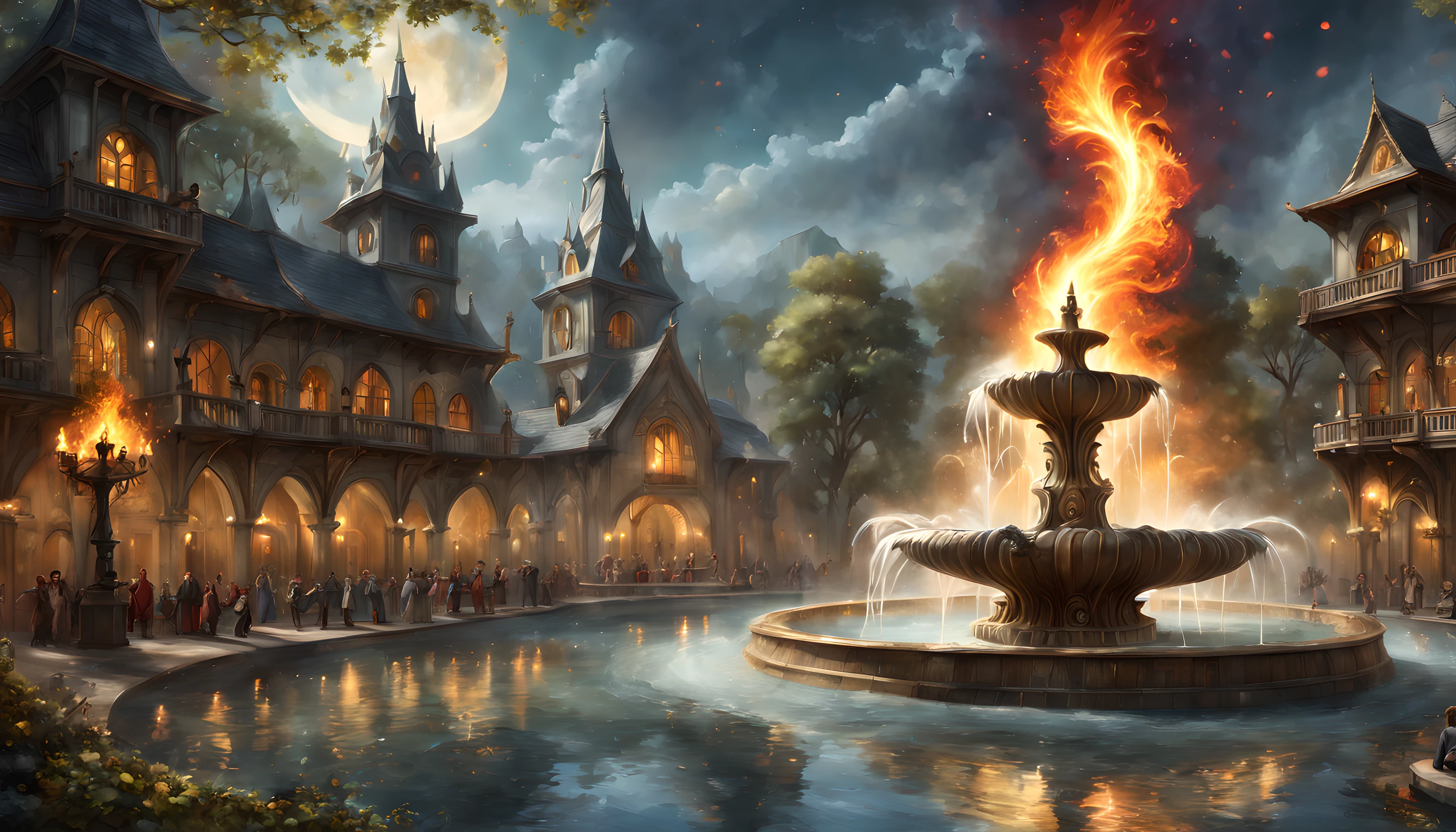 Fantasy art, RPG art, there is an epic sized magical (water fountain: 1.3) in an elven city town square, it has magical runes gl0w1ngR in the basin of the fountain, many rivulets of water entwined in (fire: 1.2), faize, the fire is combined with the water streams, its night time, moon is rising, photorealistic, 16k, RAW, award winning, (best detailed: 1.5), masterpiece, best quality, (ultra detailed), full body, ultra wide shot, abstract fractal