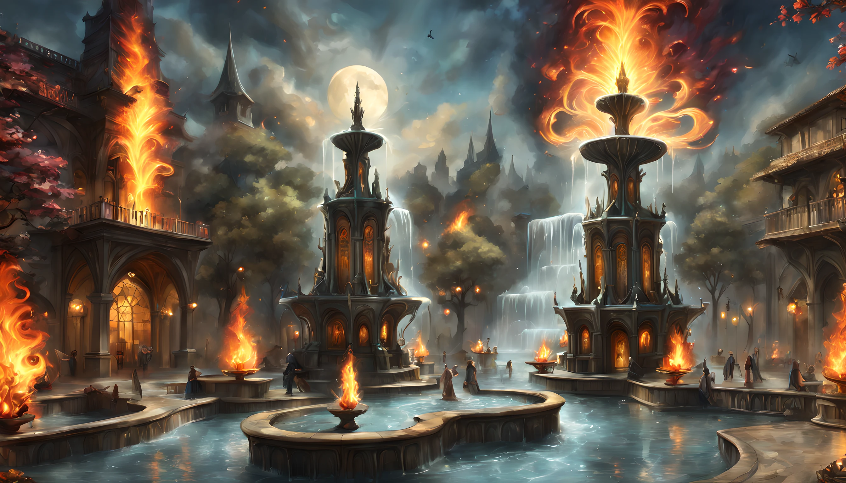 Fantasy art, RPG art, there is an epic sized magical (water fountain: 1.3) in an elven city town square, it has magical runes gl0w1ngR in the basin of the fountain, many rivulets of water entwined in (fire: 1.2), faize, the fire is combined with the water streams, its night time, moon is rising, photorealistic, 16k, RAW, award winning, (best detailed: 1.5), masterpiece, best quality, (ultra detailed), full body, ultra wide shot, abstract fractal