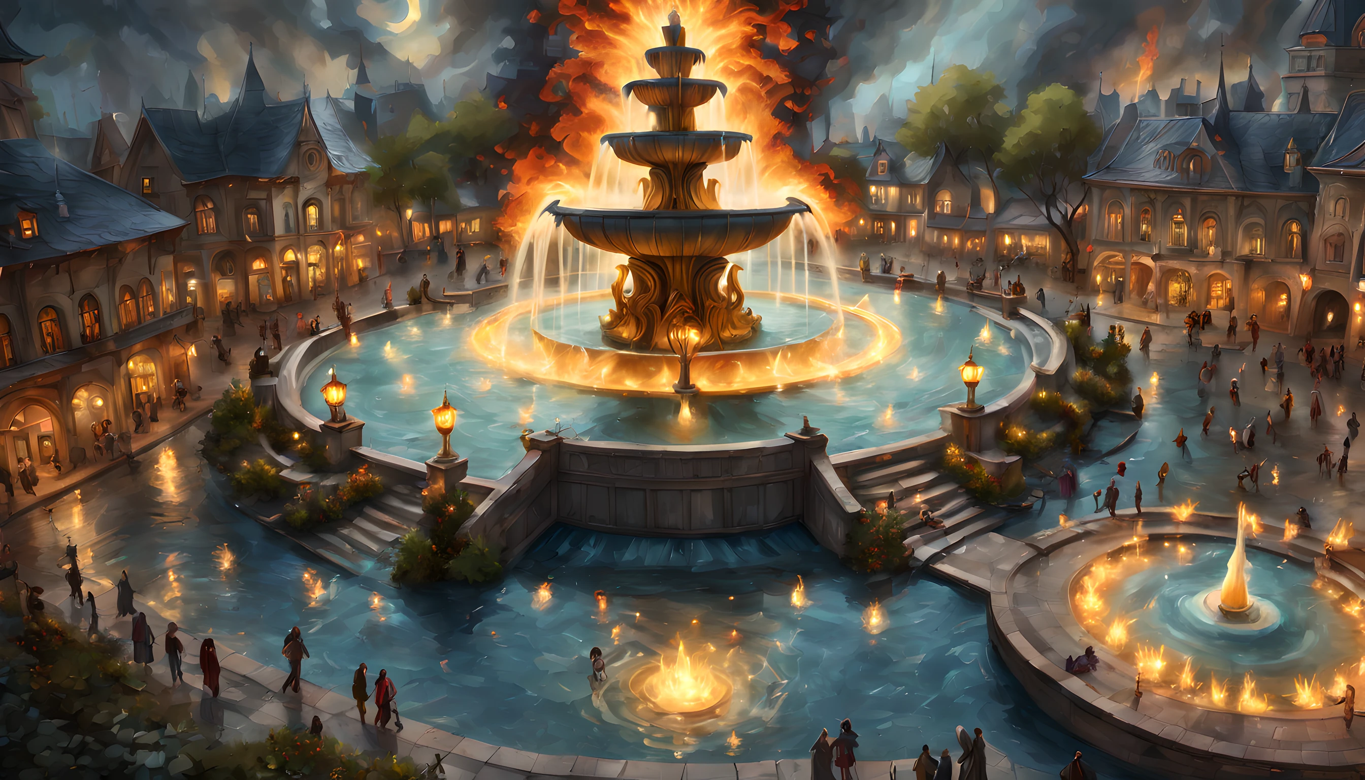 Fantasy art, RPG art, there is an epic sized magical (water fountain: 1.3) in an elven city town square, it has magical runes gl0w1ngR in the basin of the fountain, many rivulets of water entwined in (fire: 1.2), faize, the fire is combined with the water streams, its night time, moon is rising, photorealistic, 16k, RAW, award winning, (best detailed: 1.5), masterpiece, best quality, (ultra detailed), full body, ultra wide shot, abstract fractal