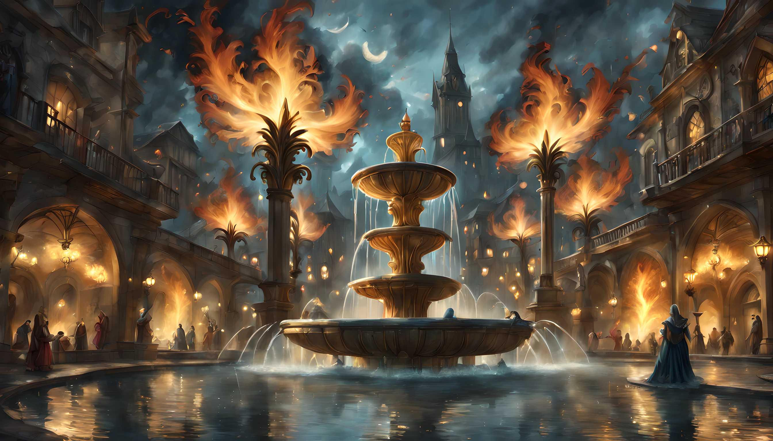 Fantasy art, RPG art, there is an epic sized magical (water fountain: 1.3) in an elven city town square, it has magical runes gl0w1ngR in the basin of the fountain, many rivulets of water entwined in (fire: 1.2), faize, the fire is combined with the water streams, its night time, moon is rising, photorealistic, 16k, RAW, award winning, (best detailed: 1.5), masterpiece, best quality, (ultra detailed), full body, ultra wide shot, abstract fractal