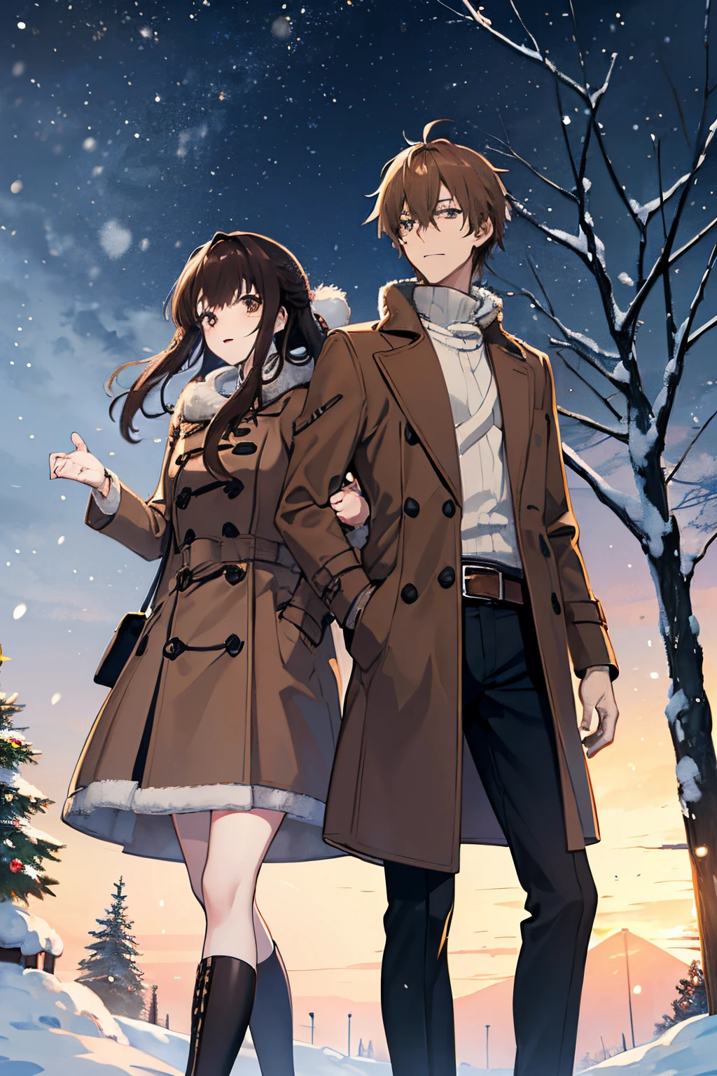 A couple of anime characters standing next to each other in the snow -  SeaArt AI