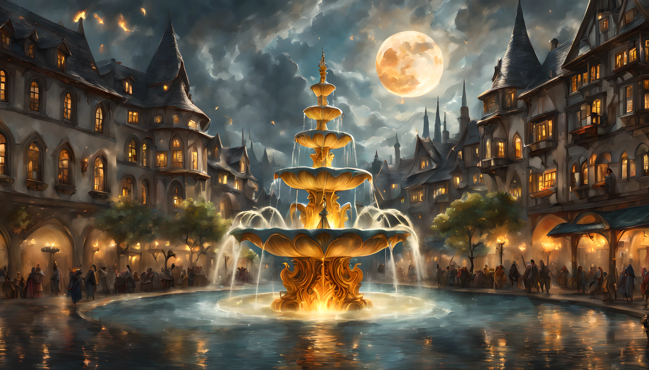 art fantastique, Art du RPG, il y a une magie de taille épique (Fontaine d&#39;eau: 1.3) sur la place d&#39;une ville elfique, il a des runes magiques gl0w1ngR dans le bassin de la fontaine, de nombreux ruisseaux d&#39;eau entrelacés dans (feu: 1.2), intéresser, the feu is combined with the water streams, c&#39;est la nuit, la lune se lève, Photoréaliste, 16k, BRUT, primé, (le mieux détaillé: 1.5), chef-d&#39;œuvre, Meilleure qualité, (ultra détaillé), tout le corps, plan ultra large, fractale abstraite