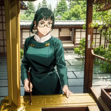 masterpiece, best quality, green hair, golden eyes, glasses, traditional japanese house