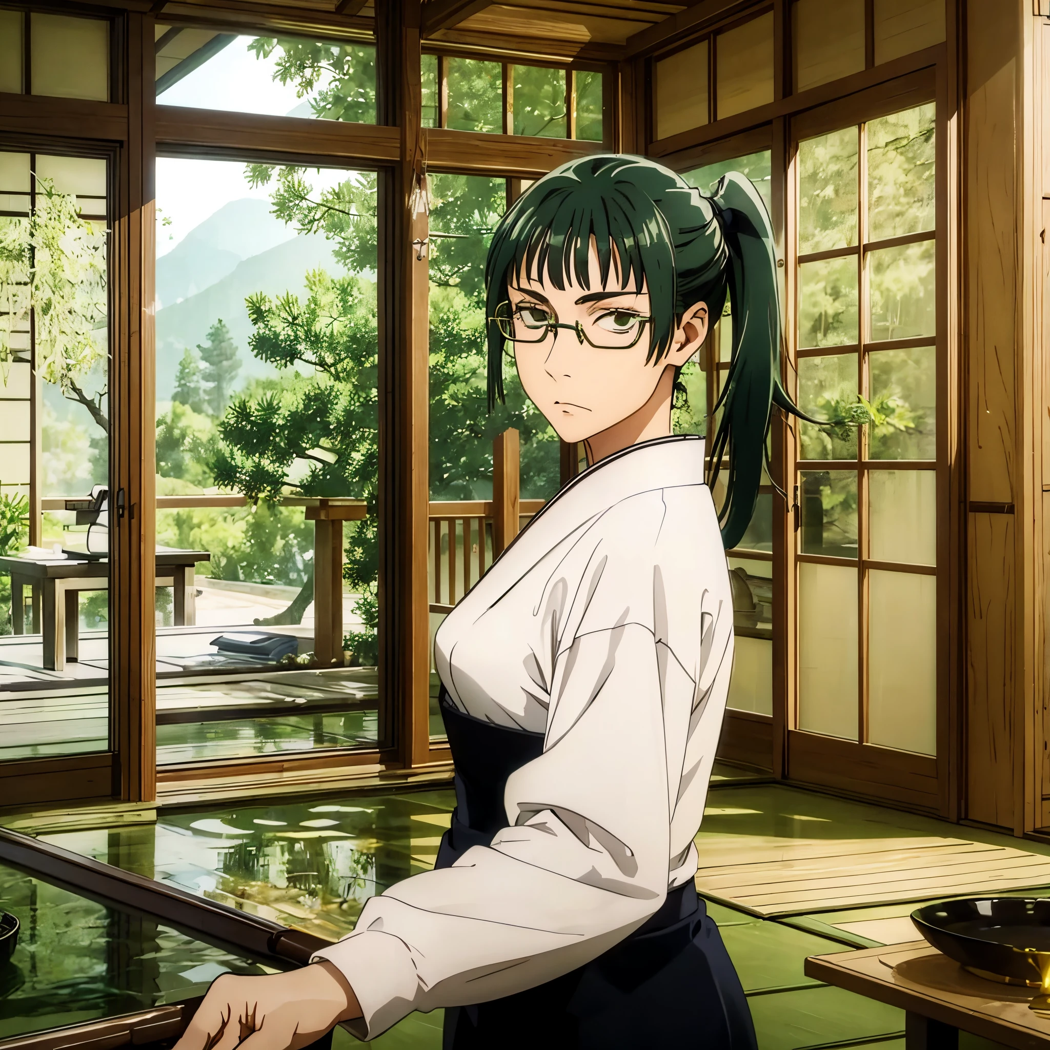 Masterpiece, best quality, green hair, golden eyes, glasses, traditional Japanese house