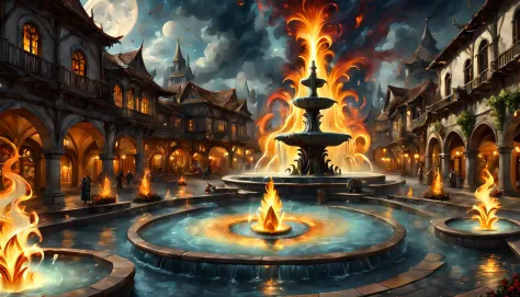 Fantasy art, RPG art, there is an epic sized magical (water fountain: 1.3) in an elven city town square, it has magical runes gl...