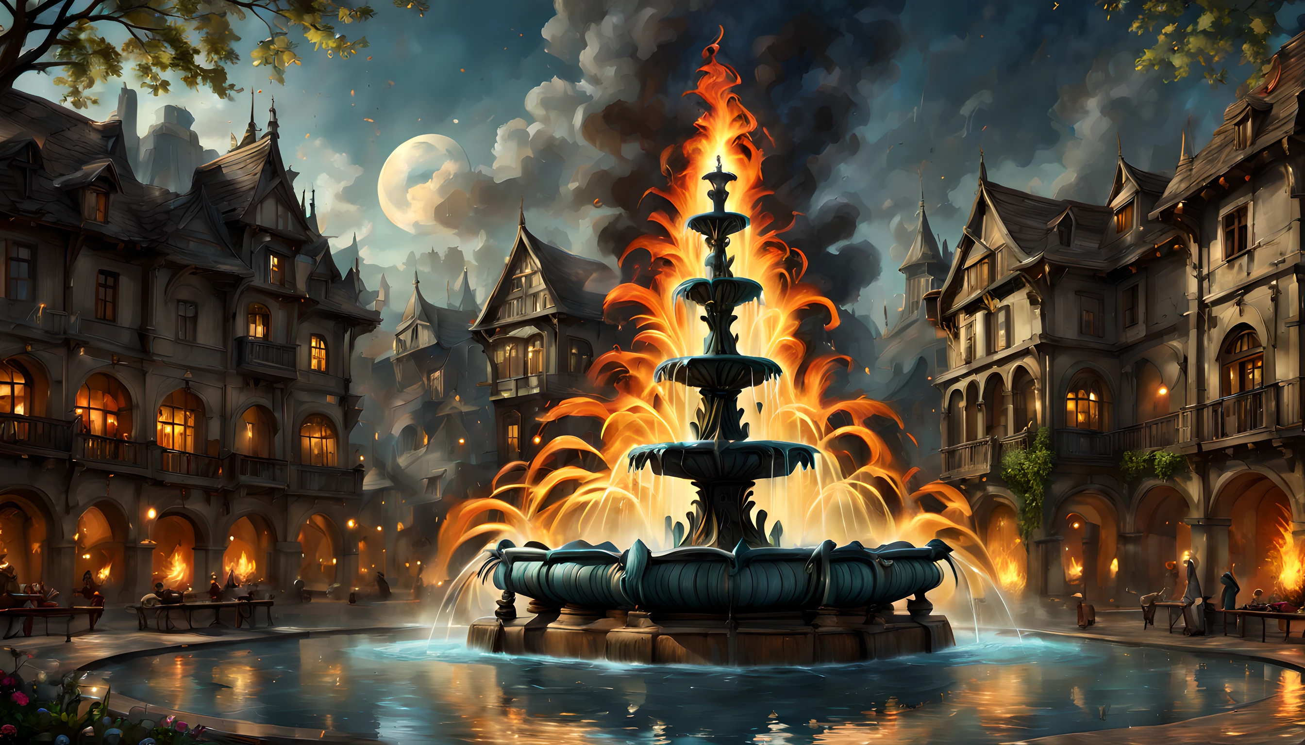 Fantasy art, RPG art, there is an epic sized magical (water fountain: 1.3) in an elven city town square, it has magical runes gl0w1ngR in the basin of the fountain, many rivulets of water entwined in (fire: 1.2), faize, the fire is combined with the water streams, its night time, moon is rising, photorealistic, 16k, RAW, award winning, (best detailed: 1.5), masterpiece, best quality, (ultra detailed), full body, ultra wide shot, abstract fractal