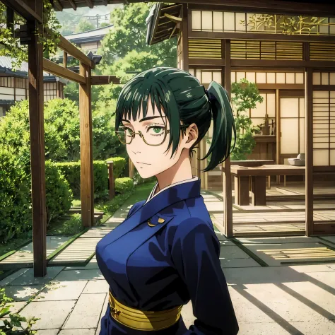 masterpiece, best quality, green hair, golden eyes, glasses, traditional japanese house