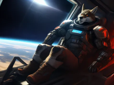 A coyote, muscle, wear swat armor, black underwear leather glove and riding boots, a space ship interior, jumped, looking, Windo...