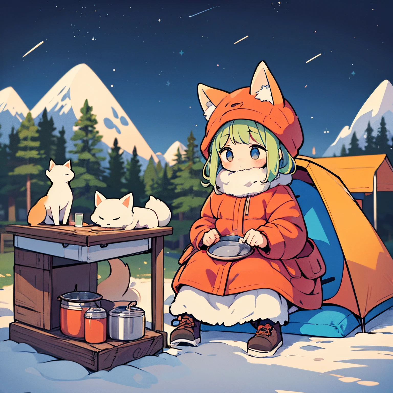 Wide illustration in a simple and muted color palette, emphasizing the chibi fox girl, inspired by 'Yuru Camp△', as she sits among an extensive collection of camping equipment, from tents to advanced cooking gear, with a vintage motorcycle adding a touch of nostalgia, all under a gently blurred starlit winter sky.