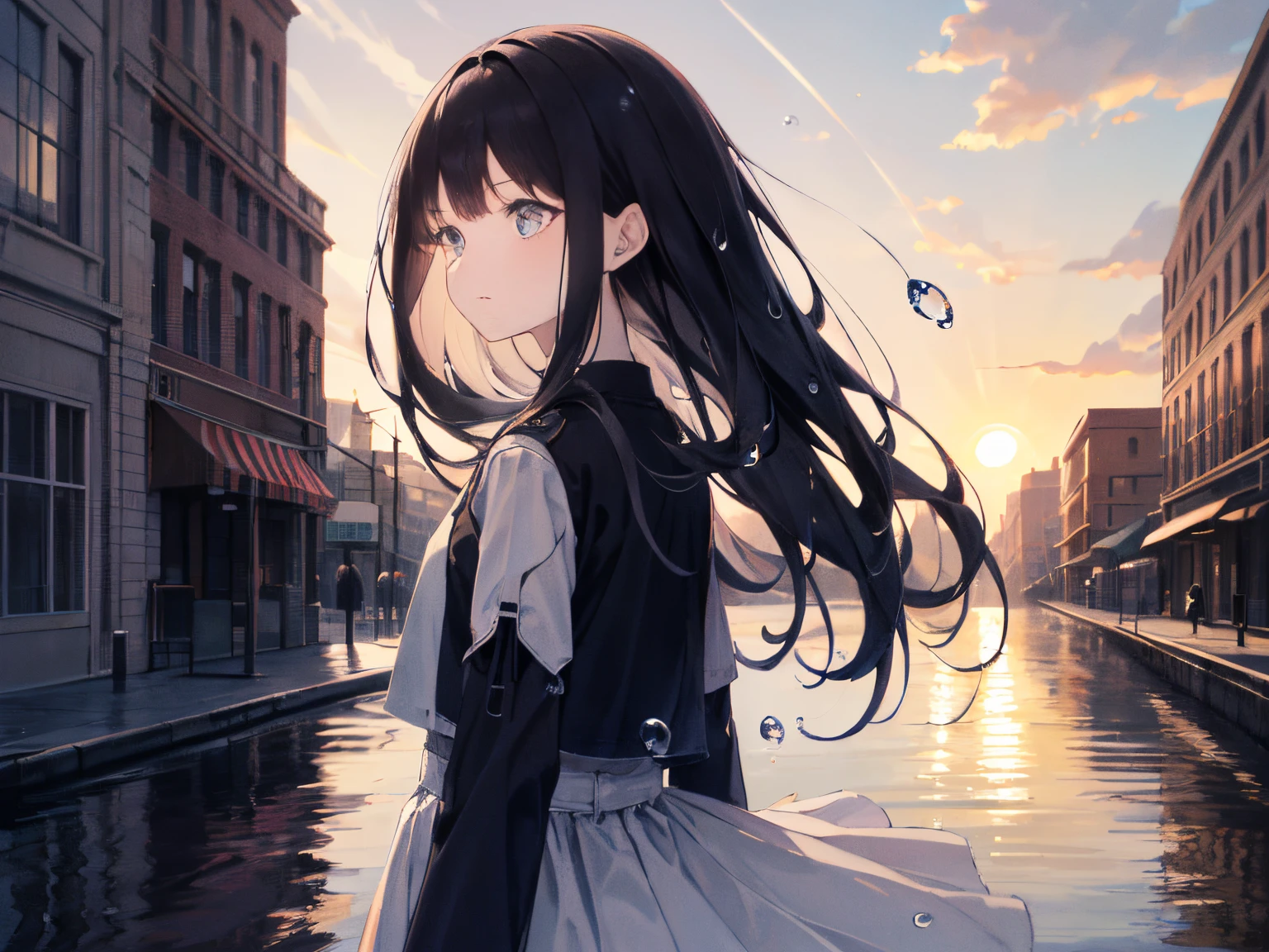 (Background), Masterpiece, Best Quality,illustartion, wallpapers, ultra detail, absurdress, 1girl, 独奏, (fluid hair:1.2), beautiful detail eyes,
Bangs, Cowboy shot, Long hair, magical girl, white colored hair, waves,  water,  water drop, looking at the side, Wading, 
(Street:1.5),  Sun, cloudy sky,