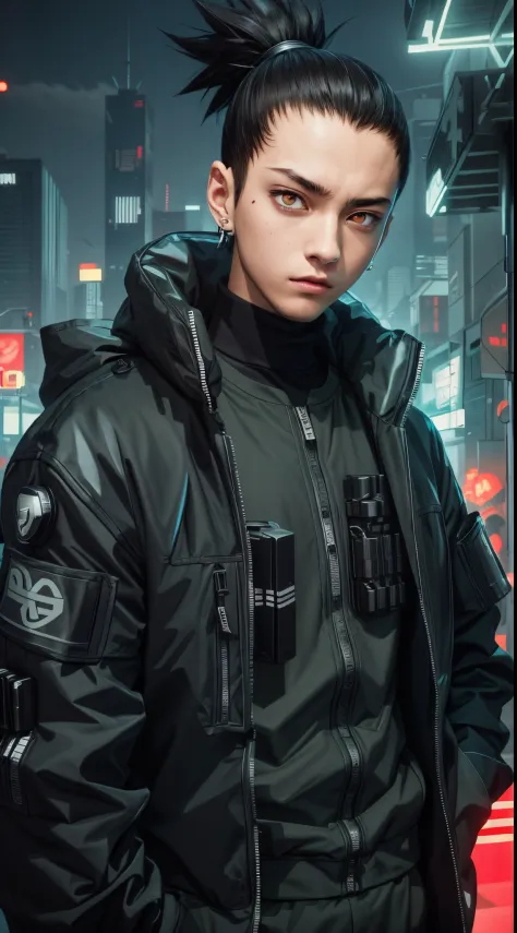 Masterpiece, 1boy, Superb Style, cyberpunk style, Streetwear clothes, Outdoor, Upper Body, Shikamaru nara, bright eyes, black ha...