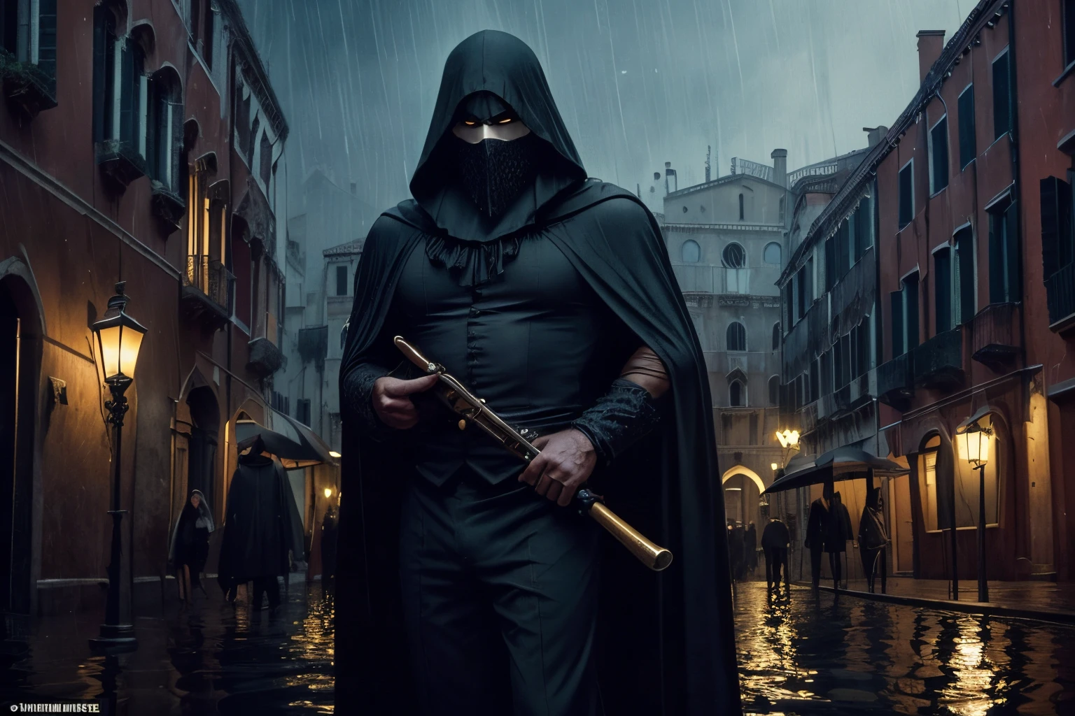 ((masterpiece, dark horror, best quality)), (1male), gondolier in Venice standing in gondola, ((face to camera, camera from ground)), dark Venice channel and palazzo in background, rainy night, high details, (venetian mask, symetric face, symetric eyes, black beard, dark cape), brown eyes, ,,(dark cloak), brown eyes, horror, ((rainy night, dark palazzo in background)), ((horror dark colors)), style of Frank Frazetta, horror