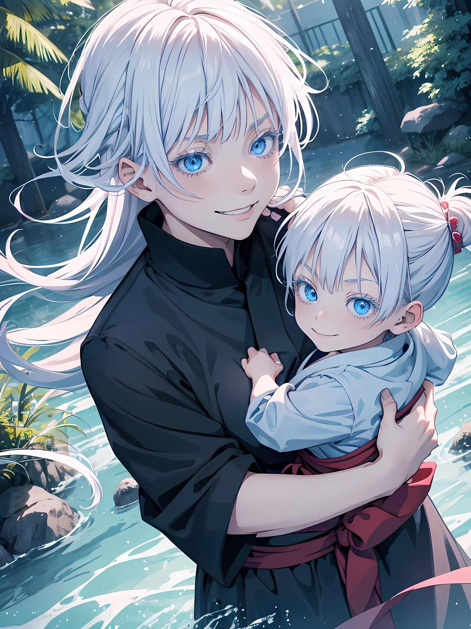 young girl, , age 5, famale version, female, jujutsu kaisen, solo, alone, smiling white hair, bangs, long hair, white eyebrows, white eyelashes, light blue eyes, glowing eyes, wearing blue japanese clothing, park, nature park, high quality, 4k resolution, anime