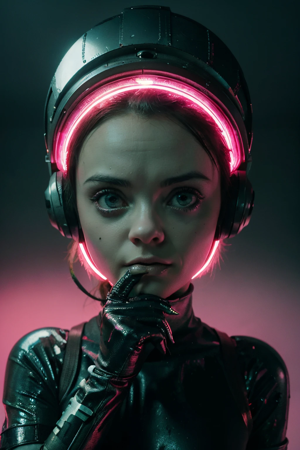 A woman in a black leather outfit with headphones and a pink light - SeaArt  AI