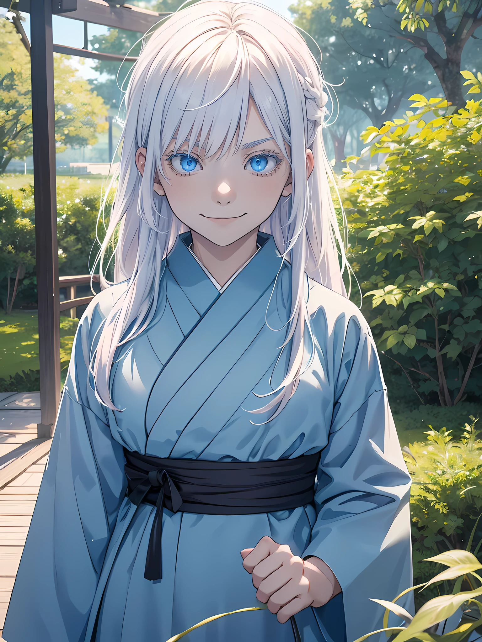 young child, age 5, famale version, female, jujutsu kaisen, solo, alone, smiling white hair, bangs, long hair, white eyebrows, white eyelashes, light blue eyes, glowing eyes, wearing blue Japanese clothing, blue clothing, park, nature park, high quality, 4k resolution, anime