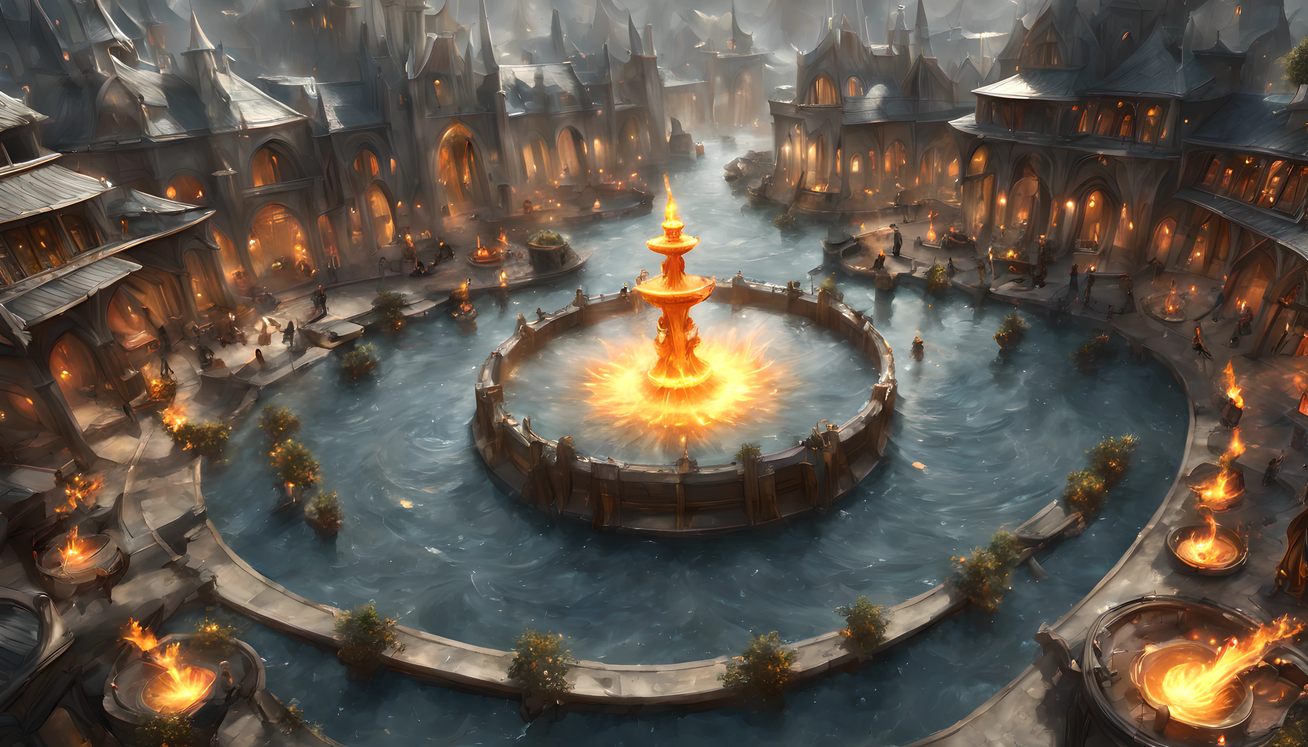 Fantasy art, RPG art, RAWת there is an epic sized magical (water fountain: 1.3) in an elven city town square, it has magical runes gl0w1ngR in the basin of the fountain, many rivulets of water entwined in (fire: 1.2), faize, the fire is combined with the water streams, its night time, moon is rising, photorealistic, 16k, RAW, award winning, (best detailed: 1.5), masterpiece, best quality, (ultra detailed), full body, ultra wide shot, abstract fractal